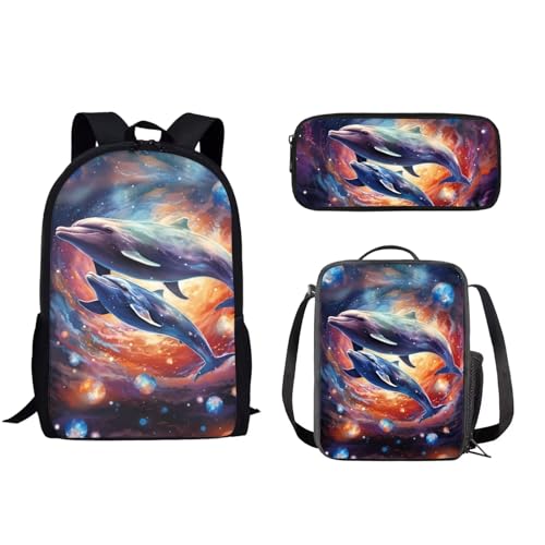 xixirimido 3-in-1-Schulrucksack-Set für Jungen und Mädchen, Lunchbox, Federmäppchen, Dolphin Planet, Einheitsgröße, Lässiger Tagesrucksack von xixirimido