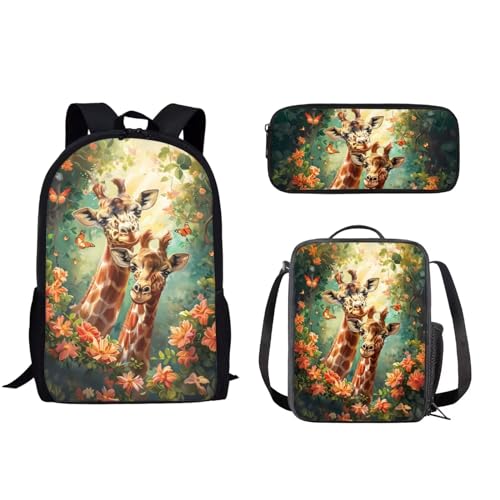 xixirimido 3-in-1-Schulrucksack-Set für Jungen und Mädchen, Lunchbox, Federmäppchen, Giraffen-Blume, Einheitsgröße, Lässiger Tagesrucksack von xixirimido