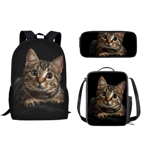 xixirimido 3-in-1-Schulrucksack-Set für Jungen und Mädchen, Lunchbox, Federmäppchen, Katze schwarz, Einheitsgröße, Lässiger Tagesrucksack von xixirimido