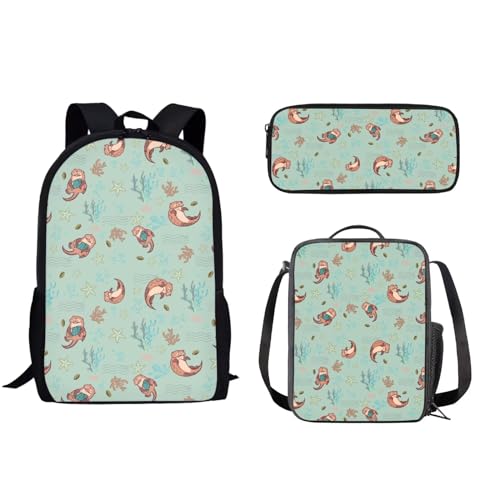 xixirimido 3-in-1-Schulrucksack-Set für Jungen und Mädchen, Lunchbox, Federmäppchen, otter, Einheitsgröße, Lässiger Tagesrucksack von xixirimido