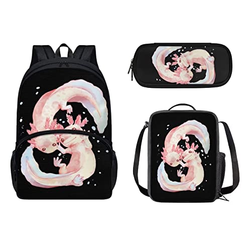 xixirimido 3-teiliges Kinder-Schulranzen-Set + Lunchbox + Federmäppchen, Axolotl, Einheitsgröße, Lässiger Tagesrucksack von xixirimido