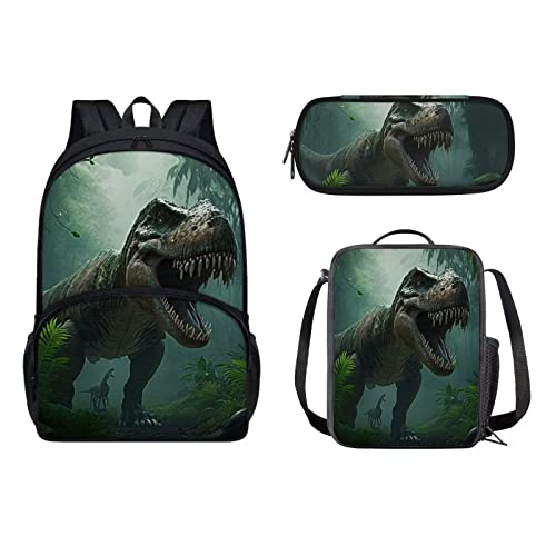 xixirimido 3-teiliges Kinder-Schulranzen-Set + Lunchbox + Federmäppchen, Dinosaurier, Einheitsgröße, Lässiger Tagesrucksack von xixirimido