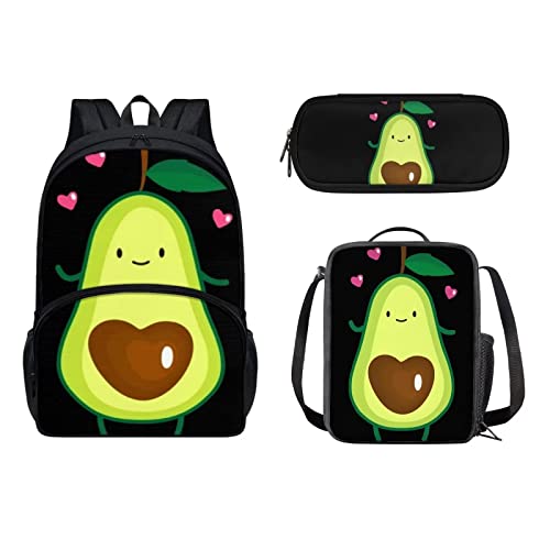 xixirimido 3-teiliges Kinder-Schulranzen-Set + Lunchbox + Federmäppchen, Lustiger Avocado, Einheitsgröße, Lässiger Tagesrucksack von xixirimido