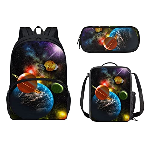 xixirimido 3-teiliges Kinder-Schulranzen-Set + Lunchbox + Federmäppchen, Planet, Einheitsgröße, Lässiger Tagesrucksack von xixirimido