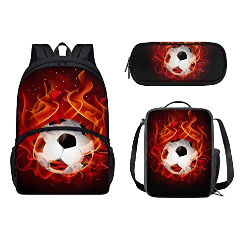 xixirimido 3-teiliges Kinder-Schulranzen-Set + Lunchbox + Federmäppchen, Red Fire Soccer, Einheitsgröße, Lässiger Tagesrucksack von xixirimido