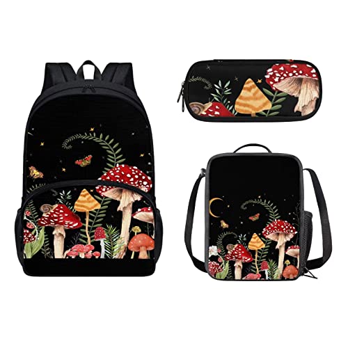 xixirimido 3-teiliges Kinder-Schulranzen-Set + Lunchbox + Federmäppchen, mushroom, Einheitsgröße, Lässiger Tagesrucksack von xixirimido