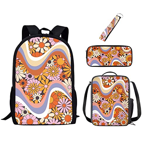 xixirimido 4 Stück Kinder Schulrucksack Büchertasche mit isolierter Lunchbox Bleistifttasche Schlüsselanhänger, Hippie Flower, Einheitsgröße, Lässiger Tagesrucksack von xixirimido