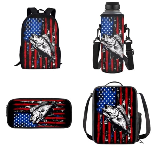 xixirimido 4-in-1 Kinder-Schulrucksack, Lunchbox, Federmäppchen, Wasserflaschen-Tasche für Jungen und Mädchen, Amerikanische Flagge von Barschfisch, Einheitsgröße, Lässiger Tagesrucksack von xixirimido