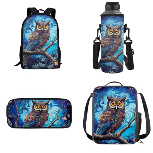 xixirimido 4-in-1 Kinder-Schulrucksack, Lunchbox, Federmäppchen, Wasserflaschen-Tasche für Jungen und Mädchen, Boho-Eule, Einheitsgröße, Lässiger Tagesrucksack von xixirimido