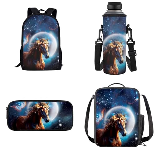 xixirimido 4-in-1 Kinder-Schulrucksack, Lunchbox, Federmäppchen, Wasserflaschen-Tasche für Jungen und Mädchen, Horse Moon, Einheitsgröße, Lässiger Tagesrucksack von xixirimido