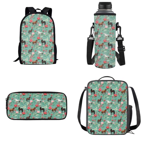 xixirimido 4-in-1 Kinder-Schulrucksack, Lunchbox, Federmäppchen, Wasserflaschen-Tasche für Jungen und Mädchen, Pferdeblume, Einheitsgröße, Lässiger Tagesrucksack von xixirimido