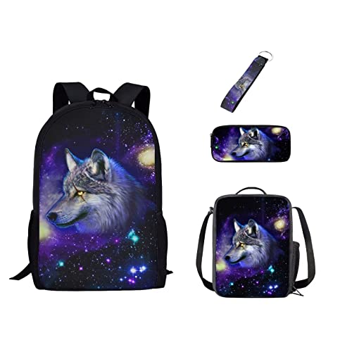 xixirimido 4-in-1 Kinder-Schulrucksack-Set, isolierte Lunch-Tragetasche, Federmäppchen, Schlüsselanhänger, Galaxy Wolf, Einheitsgröße, Lässiger Tagesrucksack von xixirimido