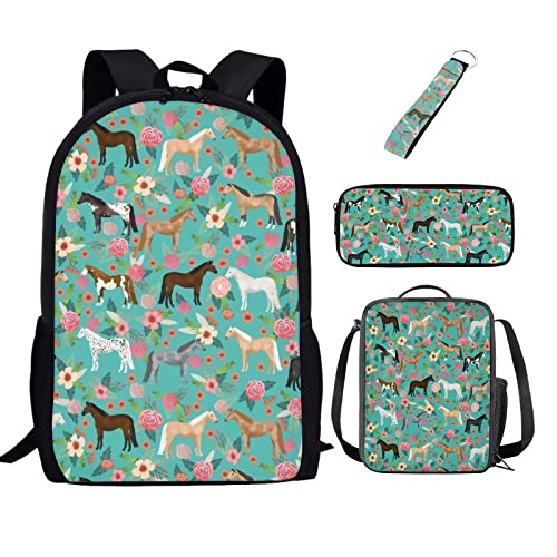 xixirimido 4-in-1 Kinder-Schulrucksack-Set, isolierte Lunch-Tragetasche, Federmäppchen, Schlüsselanhänger, Pferd Floral, Einheitsgröße, Lässiger Tagesrucksack von xixirimido