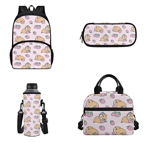 xixirimido 4-in-1 Kinder Schulrucksack Set Federmäppchen Lunchbox 500 ml Flaschenträger Schulter Tagesrucksack, Meerschweinchen, Einheitsgröße, Lässiger Tagesrucksack von xixirimido