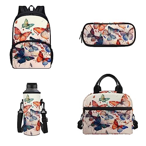 xixirimido 4-in-1 Kinder Schulrucksack Set Federmäppchen Lunchbox 500 ml Flaschenträger Schulter Tagesrucksack, Schmetterling, Einheitsgröße, Lässiger Tagesrucksack von xixirimido