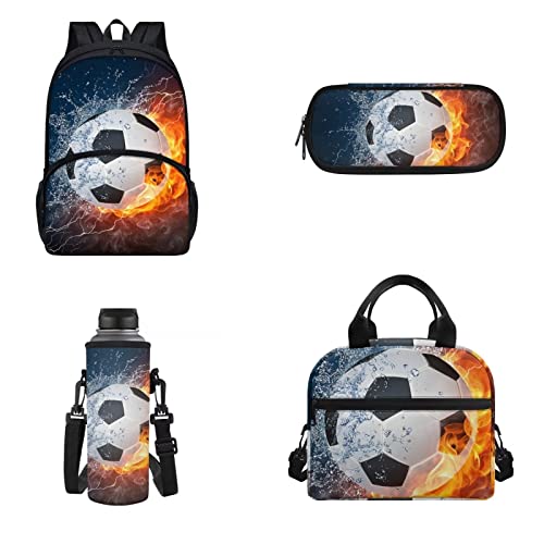 xixirimido 4-in-1 Kinder Schulrucksack Set Federmäppchen Lunchbox 500 ml Flaschenträger Schulter Tagesrucksack, Wasserfeuer-Fußball, Einheitsgröße, Lässiger Tagesrucksack von xixirimido