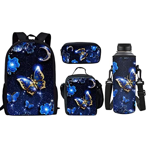 xixirimido 4-teiliges Kinder-Rucksack-Set, isolierte Lunch-Tasche, Federmäppchen, Wasserflasche, Tragetasche, Blauer Burtterfly, Einheitsgröße, Lässiger Tagesrucksack von xixirimido