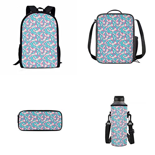 xixirimido 4-teiliges Kinder-Rucksack-Set, isolierte Lunch-Tasche, Federmäppchen, Wasserflasche, Tragetasche, Blaues Axolotl, Einheitsgröße, Lässiger Tagesrucksack von xixirimido