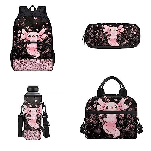 xixirimido 4-teiliges Kinder-Schulrucksack-Set, Lunchbox, Flaschenträger für Jungen und Mädchen, Axolotl Kirschblüte, Einheitsgröße, Lässiger Tagesrucksack von xixirimido