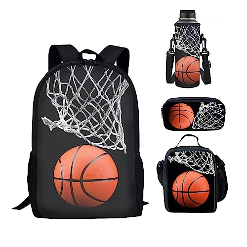 xixirimido 4-teiliges Kinder-Schulrucksack-Set, isoliert, Lunch-Tasche, Federmäppchen, Wasserflaschenträger, Basketball, Einheitsgröße, Lässiger Tagesrucksack von xixirimido