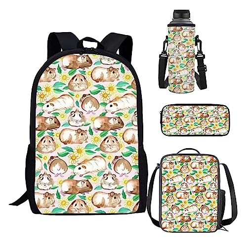 xixirimido 4-teiliges Kinder-Schulrucksack-Set, isoliert, Lunch-Tasche, Federmäppchen, Wasserflaschenträger, Meerschweinchen, Einheitsgröße, Lässiger Tagesrucksack von xixirimido