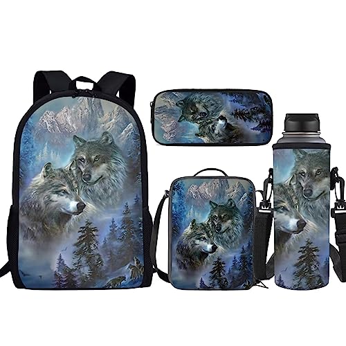 xixirimido 4-teiliges Kinder-Schulrucksack-Set, isoliert, Lunch-Tasche, Federmäppchen, Wasserflaschenträger, wolf, Einheitsgröße, Lässiger Tagesrucksack von xixirimido