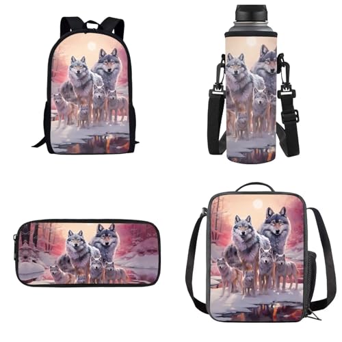 xixirimido 4-teiliges Kinder-Schulrucksack-Set, isolierte Lunchtasche, Federmäppchen, Wasserflaschenträger, Wolf Familie, Einheitsgröße, Lässiger Tagesrucksack von xixirimido