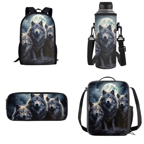 xixirimido 4-teiliges Kinder-Schulrucksack-Set, isolierte Lunchtasche, Federmäppchen, Wasserflaschenträger, Wolf Night, Einheitsgröße, Lässiger Tagesrucksack von xixirimido