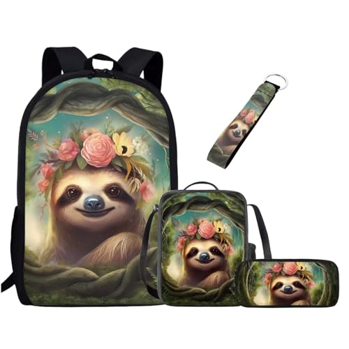 xixirimido 4-teiliges Schultaschen-Set für Kinder, Lunch-Tasche, Federmäppchen, Schlüsselanhänger, Niedliche Faultier, Einheitsgröße, Lässiger Tagesrucksack von xixirimido