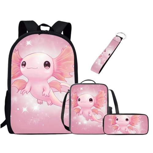 xixirimido 4-teiliges Schultaschen-Set für Kinder, Lunch-Tasche, Federmäppchen, Schlüsselanhänger, Rosa Axolotl, Einheitsgröße, Lässiger Tagesrucksack von xixirimido