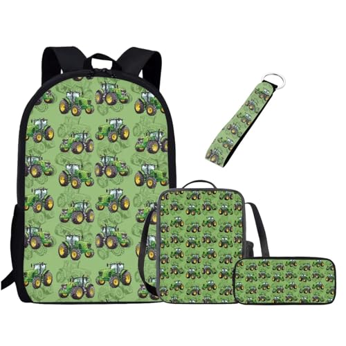 xixirimido 4-teiliges Schultaschen-Set für Kinder, Lunch-Tasche, Federmäppchen, Schlüsselanhänger, Traktor, Einheitsgröße, Lässiger Tagesrucksack von xixirimido