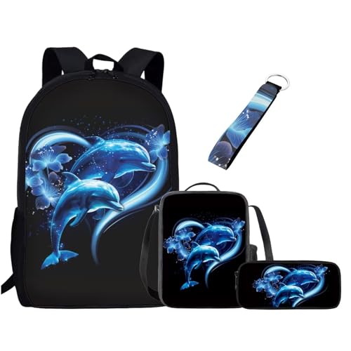 xixirimido 4-teiliges Schultaschen-Set für Kinder, Lunch-Tasche, Federmäppchen, Schlüsselanhänger, dolphin blue, Einheitsgröße, Lässiger Tagesrucksack von xixirimido