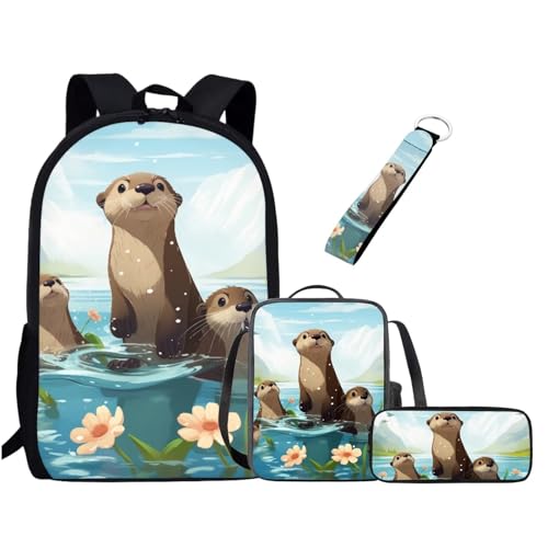 xixirimido 4-teiliges Schultaschen-Set für Kinder, Lunch-Tasche, Federmäppchen, Schlüsselanhänger, otter, Einheitsgröße, Lässiger Tagesrucksack von xixirimido