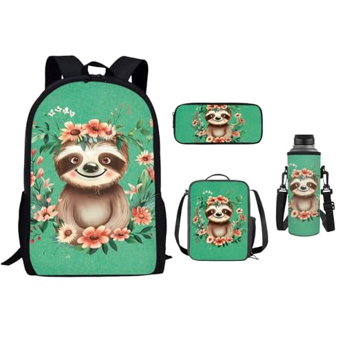 xixirimido 4 x Kinder-Schulrucksack, 43,2 cm, Büchertasche, Lunchbox, Federmäppchen, Flaschenhalter, Faultier Grün, Einheitsgröße, Lässiger Tagesrucksack von xixirimido