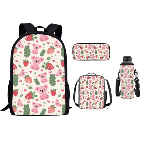 xixirimido 4 x Kinder-Schulrucksack, 43,2 cm, Büchertasche, Lunchbox, Federmäppchen, Flaschenhalter, Koala-Erdbeere, Einheitsgröße, Lässiger Tagesrucksack von xixirimido