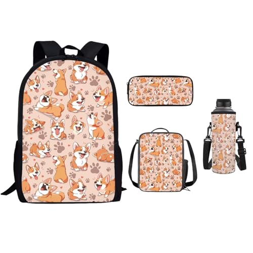 xixirimido 4 x Kinder-Schulrucksack, 43,2 cm, Büchertasche, Lunchbox, Federmäppchen, Flaschenhalter, Niedlicher Corgi Hund, Einheitsgröße, Lässiger Tagesrucksack von xixirimido