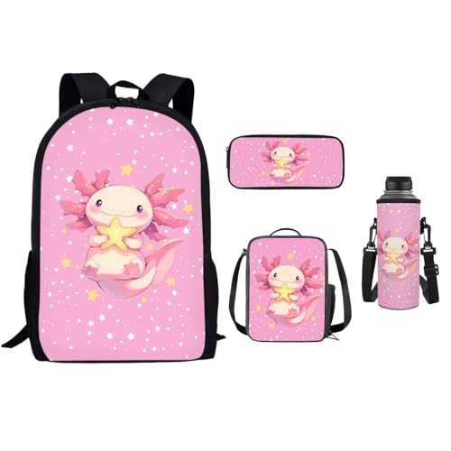 xixirimido 4 x Kinder-Schulrucksack, 43,2 cm, Büchertasche, Lunchbox, Federmäppchen, Flaschenhalter, Rosa Axolotl, Einheitsgröße, Lässiger Tagesrucksack von xixirimido