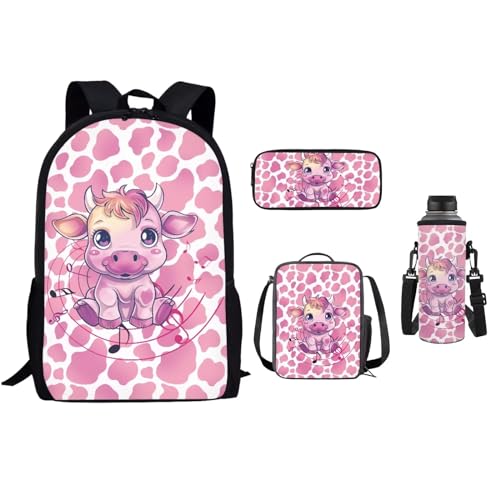 xixirimido 4 x Kinder-Schulrucksack, 43,2 cm, Büchertasche, Lunchbox, Federmäppchen, Flaschenhalter, Rosa Kuh-Druck., Einheitsgröße, Lässiger Tagesrucksack von xixirimido