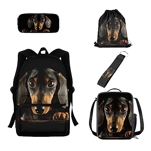 xixirimido 5 Stück Kinder Schulrucksack Thermo Lunchtasche Federmäppchen Kordelzug Büchertasche Schlüsselanhänger, Dackel Hund, Einheitsgröße, Lässiger Tagesrucksack von xixirimido