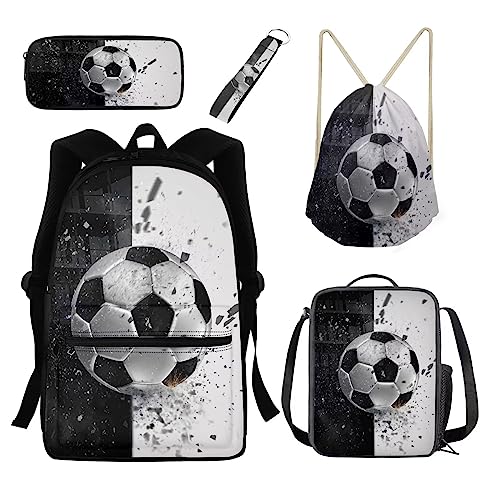 xixirimido 5 Stück Kinder Schulrucksack Thermo Lunchtasche Federmäppchen Kordelzug Büchertasche Schlüsselanhänger, Fußball, Einheitsgröße, Lässiger Tagesrucksack von xixirimido