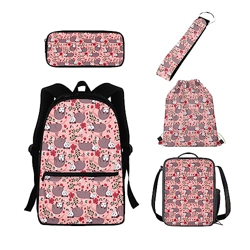 xixirimido 5 Stück Kinder Schulrucksack Thermo Lunchtasche Federmäppchen Kordelzug Büchertasche Schlüsselanhänger, Opossum, Einheitsgröße, Lässiger Tagesrucksack von xixirimido