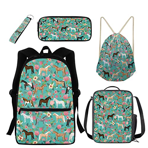 xixirimido 5 Stück Kinder Schulrucksack Thermo Lunchtasche Federmäppchen Kordelzug Büchertasche Schlüsselanhänger, Pferd Floral, Einheitsgröße, Lässiger Tagesrucksack von xixirimido