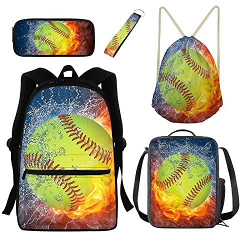 xixirimido 5 Stück Kinder Schulrucksack Thermo Lunchtasche Federmäppchen Kordelzug Büchertasche Schlüsselanhänger, Softball für Wasserfeuer, Einheitsgröße, Lässiger Tagesrucksack von xixirimido