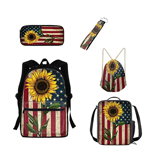 xixirimido 5 Stück Kinder Schulrucksack Thermo Lunchtasche Federmäppchen Kordelzug Büchertasche Schlüsselanhänger, US-Flagge Sonnenblume, Einheitsgröße, Lässiger Tagesrucksack von xixirimido