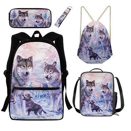 xixirimido 5 Stück Kinder Schulrucksack Thermo Lunchtasche Federmäppchen Kordelzug Büchertasche Schlüsselanhänger, Wolf-Design, Einheitsgröße, Lässiger Tagesrucksack von xixirimido