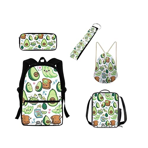 xixirimido 5 Stück Kinder Schultasche Lunchbox Federmäppchen Kordelzug Büchertasche Schlüsselanhänger, Avocadobrot, Einheitsgröße, Lässiger Tagesrucksack von xixirimido