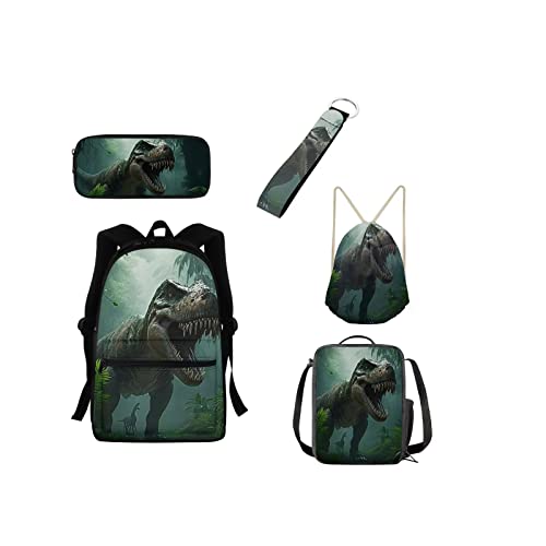 xixirimido 5 Stück Kinder Schultasche Lunchbox Federmäppchen Kordelzug Büchertasche Schlüsselanhänger, Dinosaurier, Einheitsgröße, Lässiger Tagesrucksack von xixirimido