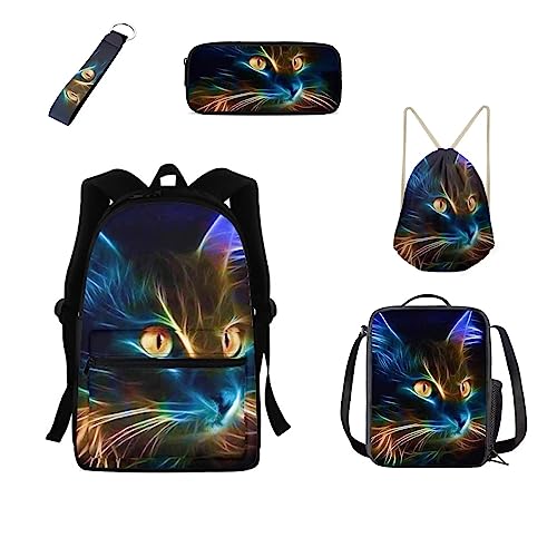 xixirimido 5 Stück Kinder Schultasche Lunchbox Federmäppchen Kordelzug Büchertasche Schlüsselanhänger, Galaxy Cat, Einheitsgröße, Lässiger Tagesrucksack von xixirimido