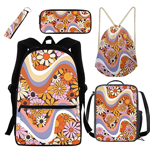 xixirimido 5 Stück Kinder Schultasche Lunchbox Federmäppchen Kordelzug Büchertasche Schlüsselanhänger, Hippie Flower, Einheitsgröße, Lässiger Tagesrucksack von xixirimido