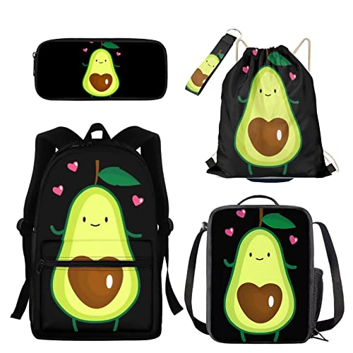 xixirimido 5 Stück Kinder Schultasche Lunchbox Federmäppchen Kordelzug Büchertasche Schlüsselanhänger, Lustiger Avocado, Einheitsgröße, Lässiger Tagesrucksack von xixirimido